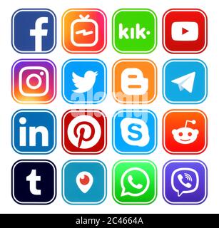 Kiev, Ukraine - March 11, 2019: Set of rounded icons with white rim of social media printed on paper: Pinterest, Twitter, Instagram, Facebook, LinkedI Stock Photo