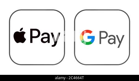 Kiev, Ukraine - March 01, 2019: Apple Pay and Google Pay icons printed on paper. Apple Pay is a mobile payment & digital wallet service. Google Pay is Stock Photo