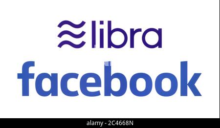 Kiev, Ukraine - June 19, 2019: Facebook and Libra logos printed on paper. Libra is a proposed permissioned blockchain virtual currency by the American Stock Photo