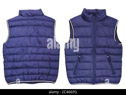 Male blue quilted vest isolated on white background. Mockup. Both sides Stock Photo