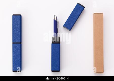 Souvenir business pen in a gift case. Blue gift box with pen Stock Photo