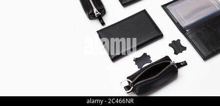Fashionable black leather male accessories isolated on white background. Male accessories Stock Photo