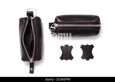Fashionable black leather men's key holder case isolated on white background Stock Photo