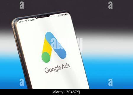 KYIV, UKRAINE-JUNE, 2020: Google ads Mobile Application on the Smart Phone Screen. Close Up Studio Shot of Smartphone with Google ads Application. Stock Photo