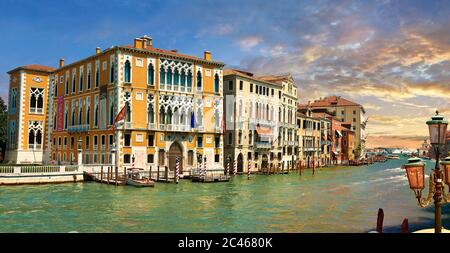 The Grand Canal from Ponte dell'Accademia at sunset; in the foreground Palazzo Cavalli-Franchetti Stock Photo