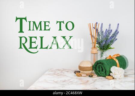 Spa objects and elements on a marble table and white background Stock Photo