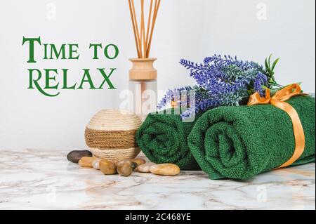 Spa objects and elements on a marble table and white background Stock Photo
