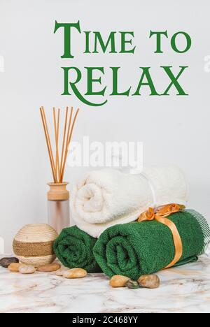 Spa objects and elements on a marble table and white background Stock Photo