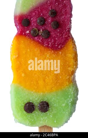 Rowntrees Fruit Stack ice lolly unwrapped set on white background - Apple, orange and strawberry fruit ice with chocolate flavoured pieces Stock Photo