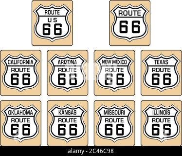 Vector collection art of Route 66 shield logos with name of USA states. Stock Vector