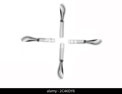four cross shape arranged silver metal cooking spatula isolated on a white background Stock Photo