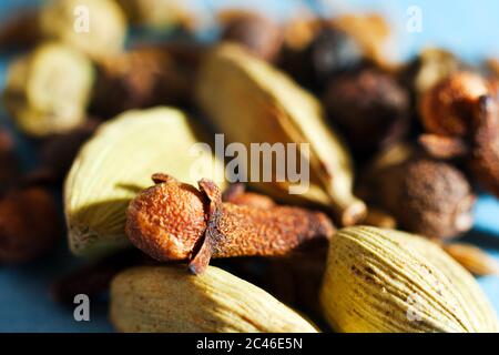 Spices macro of cardamoms and cloves Stock Photo