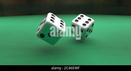 Dice red color, two flying over green color felt background, Rolling dice, gambling, luck concept. 3d illustration Stock Photo
