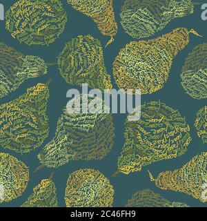 Vector seamless pattern with pear fruits composed from word "Pear" of different colors. Design concept organic food, food store or vegetarian cafe. Stock Vector