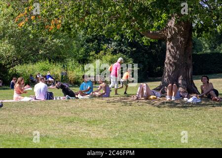 UK Weather: London, UK. 24th June, 2020. Hot, sunny afternoon in Chiswick. Sunbathers were out soaking up the sun at Chiswick House and Gardens. Credit: Liam Asman/Alamy Live News Stock Photo