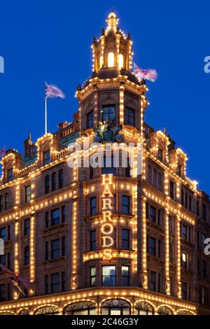 Harrods Department store lit up at night, Knightsbridge, London, England, United Kingdom, Europe