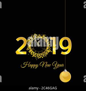 happy new year 2019 with clock in gold color illustration Stock Vector