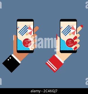 hand holds smartphone with beach background illustration Stock Vector