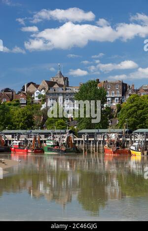 Fishing harbour on River Rother below the old town and Church of St Mary the Virgin, Rye, East Sussex, England, United Kingdom, Europe Stock Photo