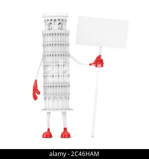 White Cartoon Leaning Pisa Tower Person with Empty White Blank Banner with Free Space for Your Design on a white background. 3d Rendering Stock Photo