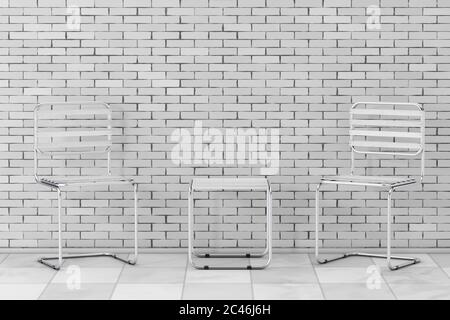 Set of Modern Metal Chairs and Table with Wooden Planks in front of brick wall. 3d Rendering Stock Photo