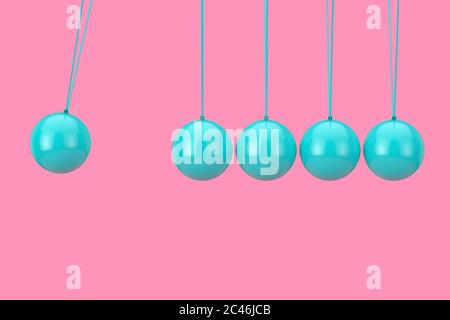 Blue Newton's Sphere Cradle Duotone on a pink background. 3d Rendering Stock Photo