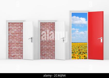 Three Business Office Doors, Two Doors blocked with Brick Wall, One Big, Main, Opened and Red Door with Free Pathway to Freedome in Front of Wall extr Stock Photo