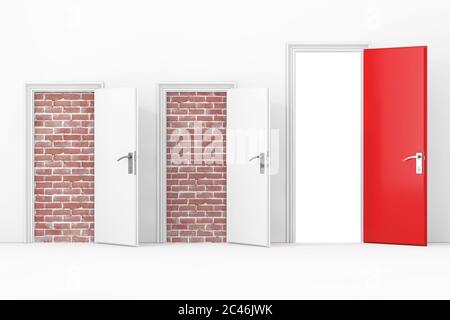 Three Business Office Doors, Two Doors blocked with Brick Wall, One Big, Main, Opened and Red Door with Free Pathway in Front of Wall extreme closeup. Stock Photo