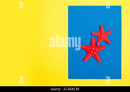 Red starfishes on a blue and yellow background Stock Photo