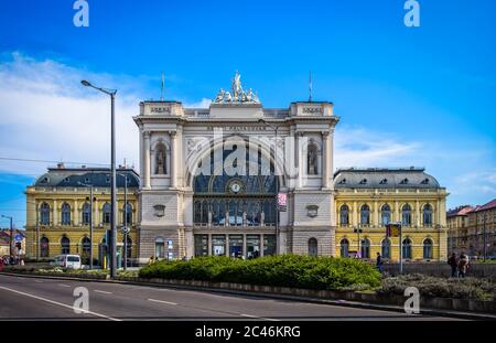 Budapest, Hungary, Aug 2019, Eastern Railway Terminus facade, one of the three main railway terminals of the city. Stock Photo