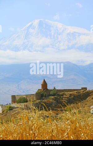 Fantastic View of Khor Virap Monastery with Snow Covered Ararat Mountain in the Backdrop, Artashat, Armenia Stock Photo