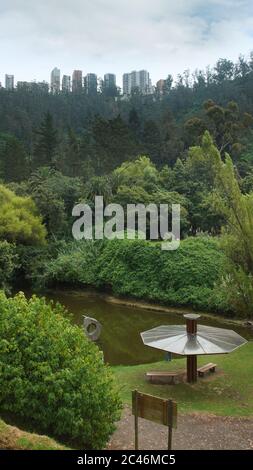 Guapulo, Pichincha / Ecuador - June 11 2016: View of the lagoon inside the Guapulo Park with the buildings of Gonzalez Suarez Avenue in the background Stock Photo
