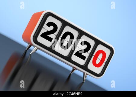 Retro Flip Clock with 2020 New Year Sign on a blue background. 3d Rendering Stock Photo