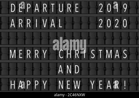 Airport Announcement Flip Mechanical Timetable with Hapy Merry Christmas and Happy New 2020 Year Sign extreme closeup. 3d Rendering Stock Photo