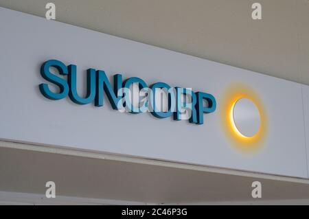 Ballina, New South Wales, Australia - 12th February 2020 : Suncorp Bank logo hanging in front of the headquarter in Brisbane. Suncorp is an Australian Stock Photo