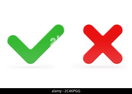 Red Cross and Green Check Mark, Confirm or Deny, Yes or No Icon Sign on a white background. 3d Rendering Stock Photo