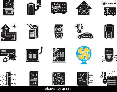 Air conditioning black glyph icons set on white space Stock Vector