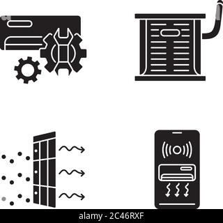 Heating and conditioning black glyph icons set on white space Stock Vector