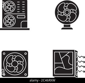 Air cooling black glyph icons set on white space Stock Vector