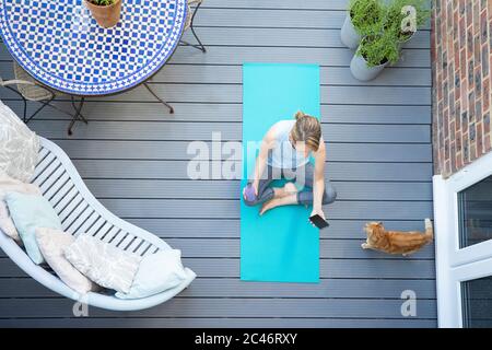 Overhead View Of Mature Woman With Pet Cat At Home Checking Phone After Exercise On Deck Stock Photo