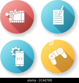 Work with technology flat design long shadow glyph icons set Stock Vector