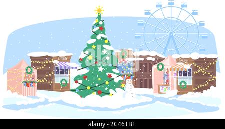Christmas market semi flat vector illustration Stock Vector