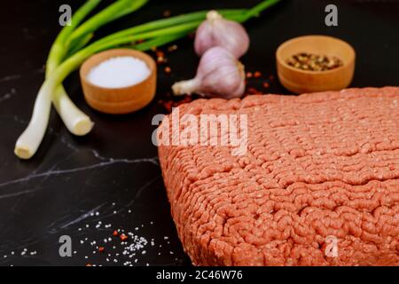 Ingredients for cooking meatball. Olive oil, garlic, minsed meat, pepper and fresh green onion on black background. Stock Photo
