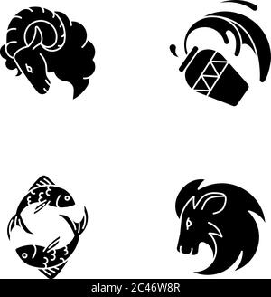 Horoscope signs black glyph icons set on white space Stock Vector
