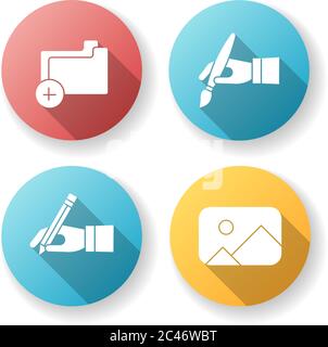 Artist work elements flat design long shadow glyph icons set Stock Vector