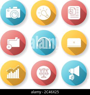 Remote work elements flat design long shadow glyph icons set Stock Vector
