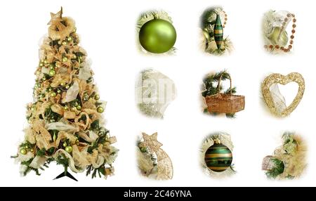 Christmas tree decorated with gold color with accessories on a white background Stock Photo