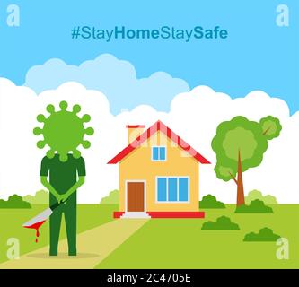 Stay at Home and stay safe, Corona virus (Covid 19) waiting outside with knife multicolor vector design Stock Vector