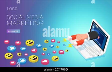 Social media marketing homepage template. Person with magnet attracting likes from youtube video on laptop screen, isometric vector illustration Stock Vector