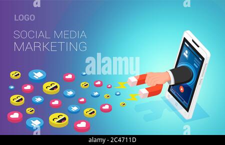 Social media marketing landing page layout. Human hand attracting likes from youtube video on mobile phone screen with help of magnet, isometric Stock Vector